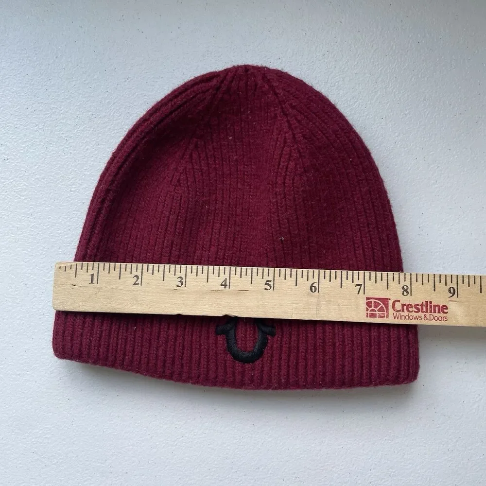 True Religion Knit Beanie Hat Cap Cashmere Lambswool Blend Red Black One Size